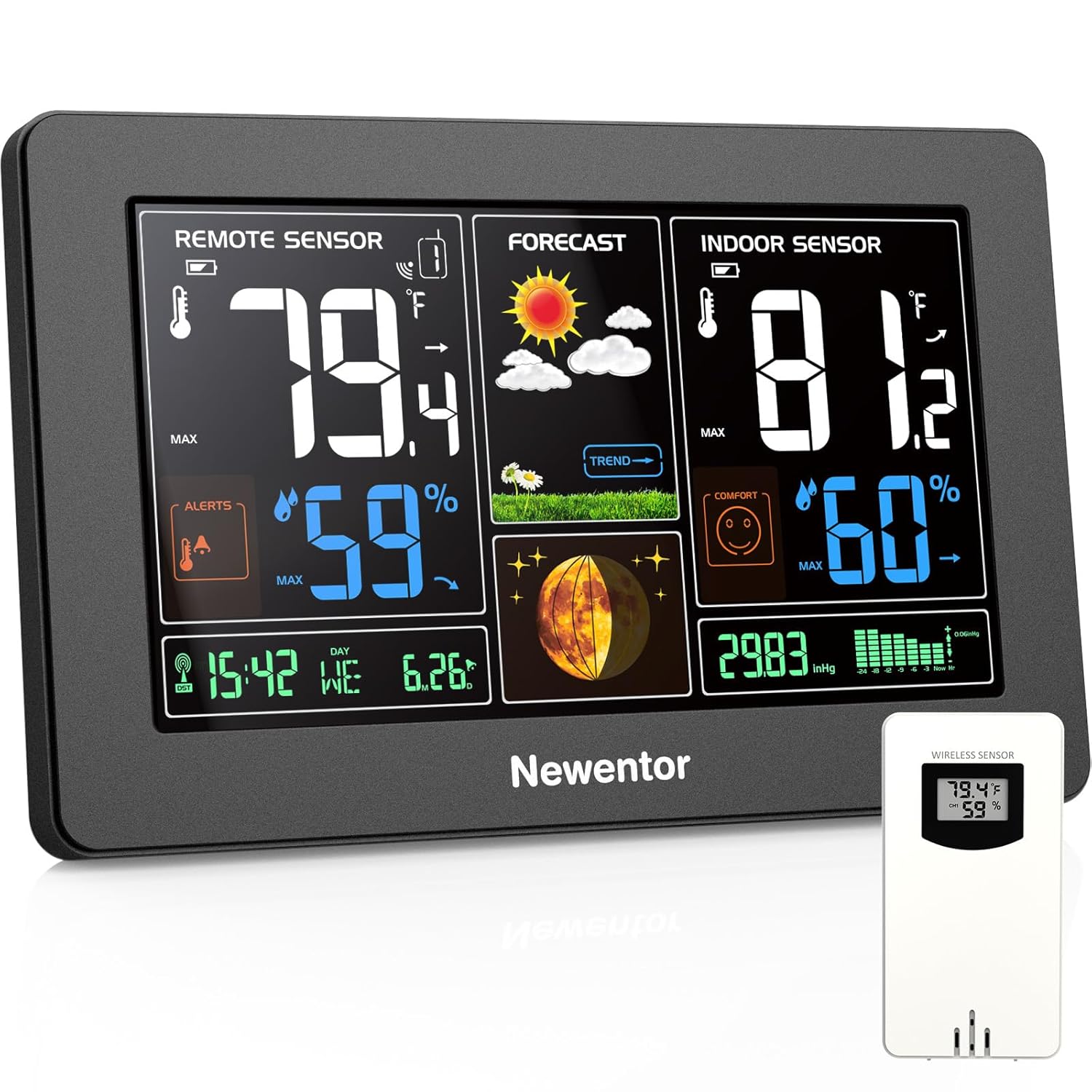 Newentor Weather Station Wireless Indoor Outdoor Thermometer, Color Display Digital Weather Thermometer with Atomic Clock, Forecast Station with Calendar and Adjustable Backlight