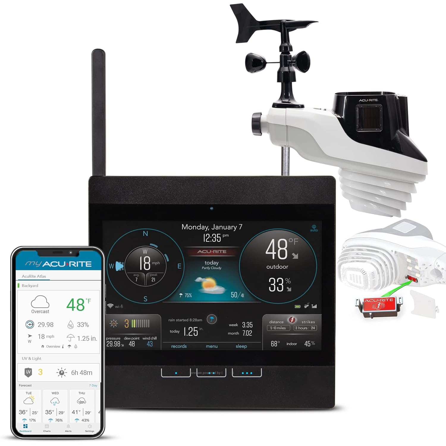 AcuRite Atlas Professional Weather Station with Direct-to-Wi-Fi HD Display with Lightning Detection and Temperature, Humidity, Wind Speed/Direction, and Rainfall (01001M)